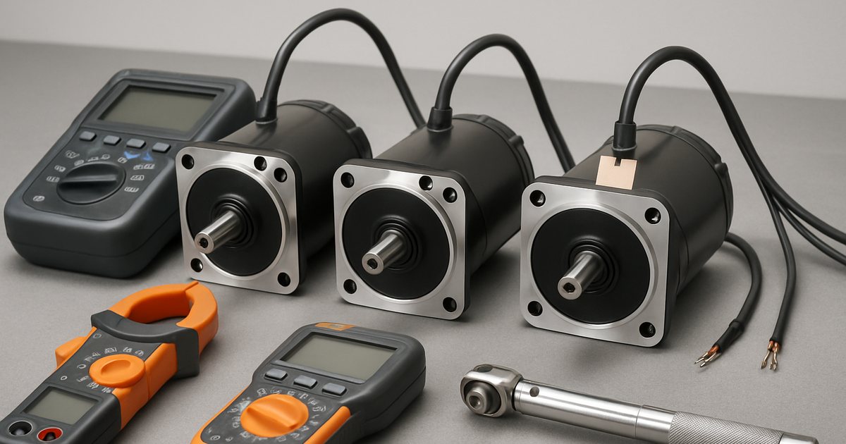 BLDC geared motors on an incoming inspection bench with insulation tester and clamp meter